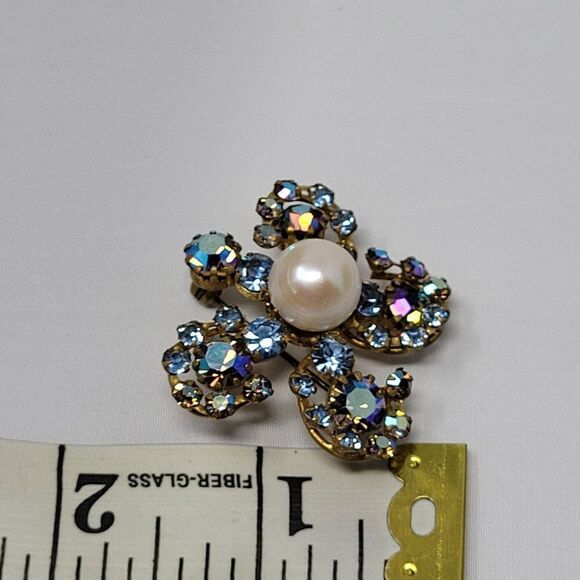Vintage Signed Austrian Crystal Butterfly Pin Brooch AB Blue Faux Pearl Center - Picture 5 of 9
